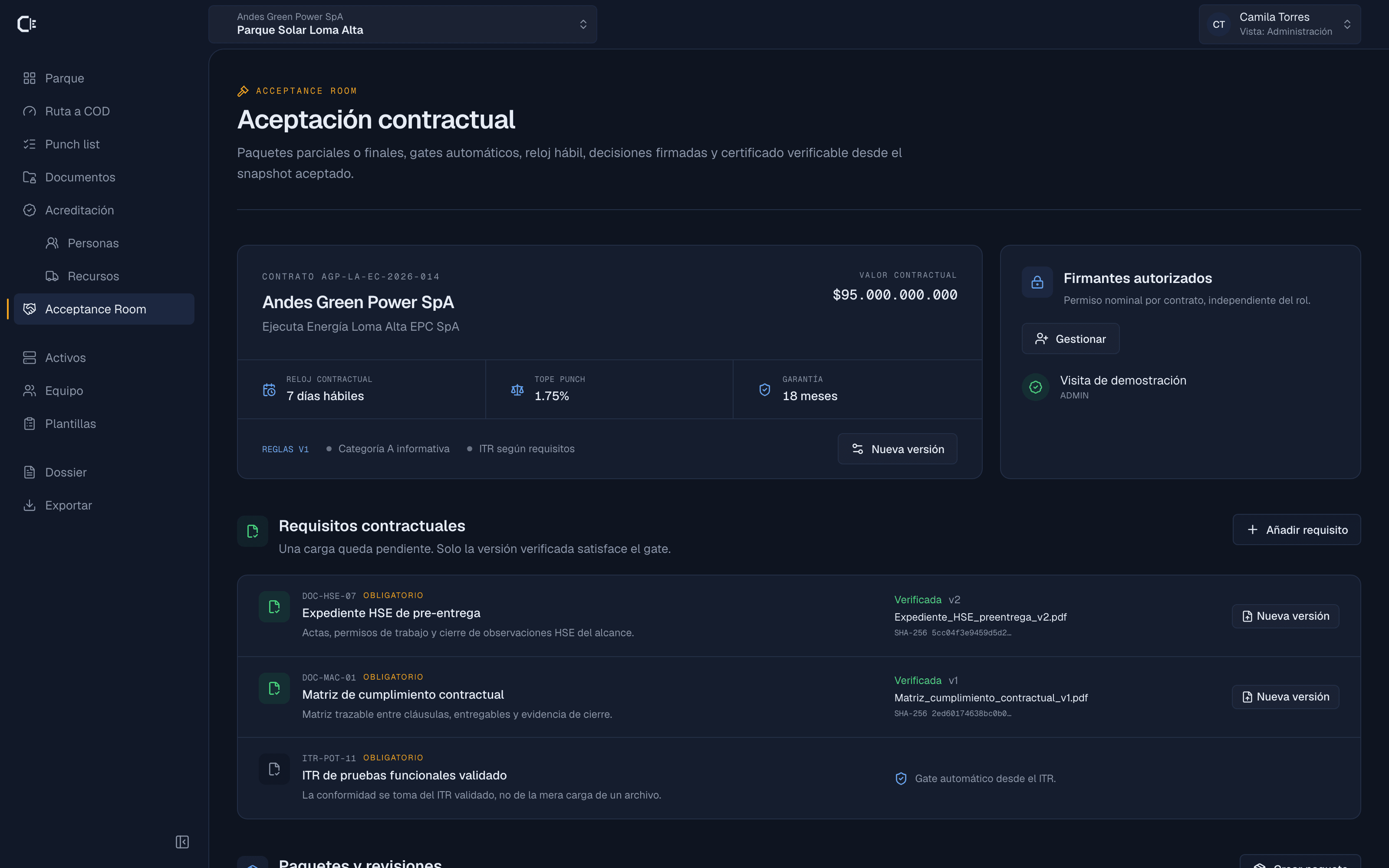 Pantalla de la Acceptance Room: contrato, requisitos con evidencias y paquetes de aceptación
