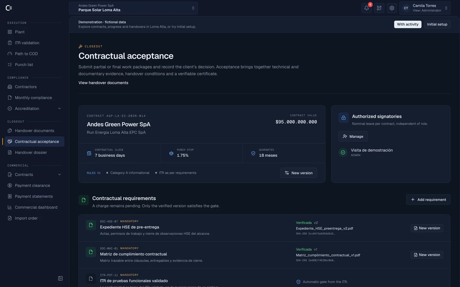 Contractual acceptance in the demo: contract, requirements and packages with supporting evidence