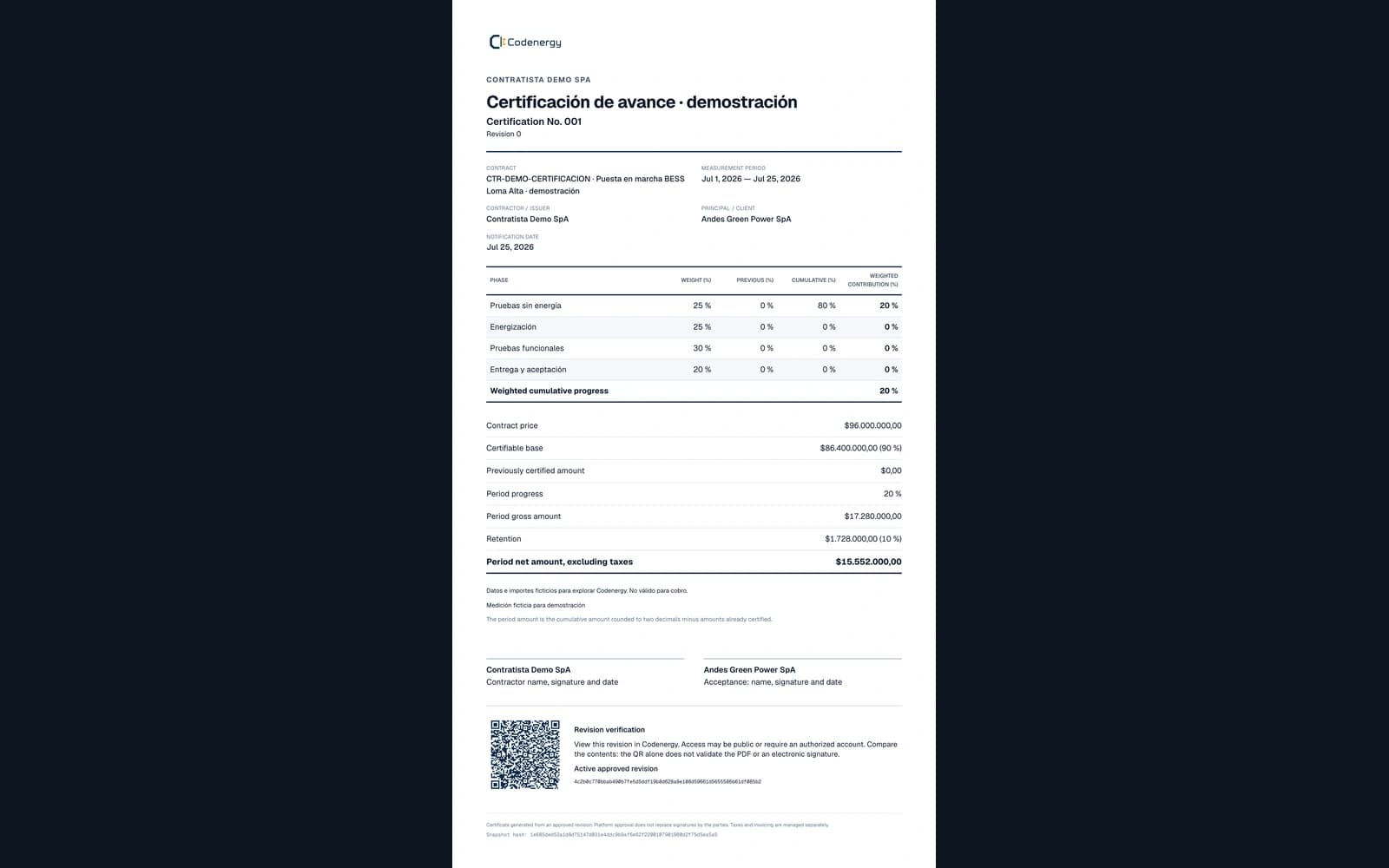 Fictional A4 progress certificate with phases, amounts, retention and QR code