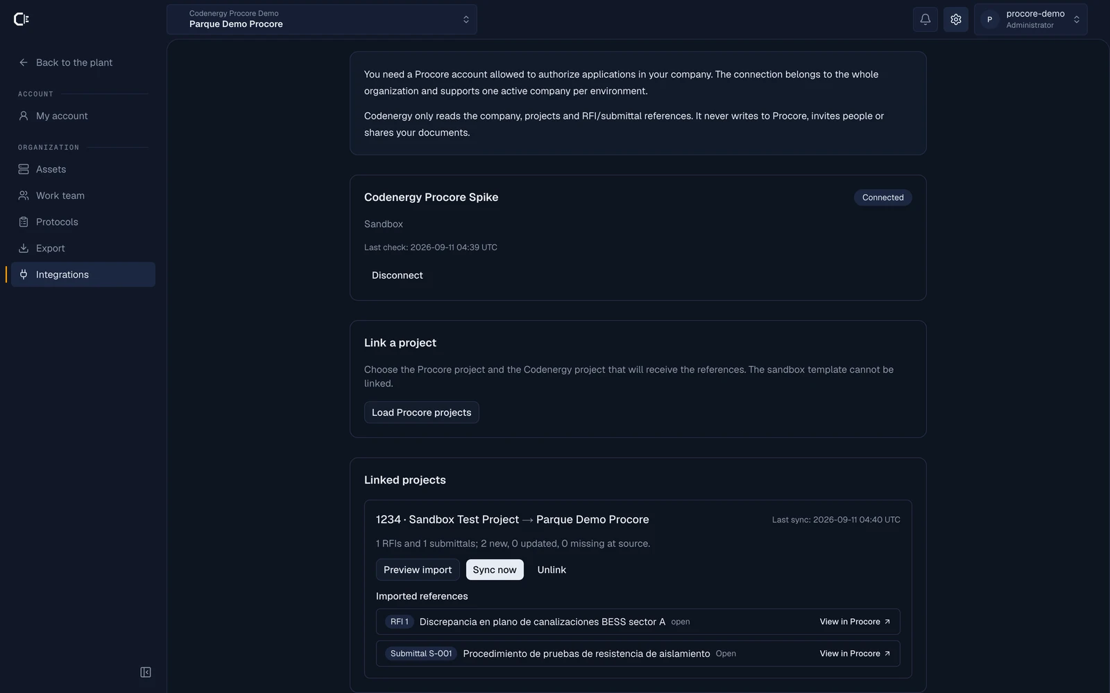 Procore page in Codenergy: the “Codenergy Procore Spike” connection in Connected status and the “1234 · Sandbox Test Project” project linked, with one RFI and one submittal imported and their “View in Procore” links