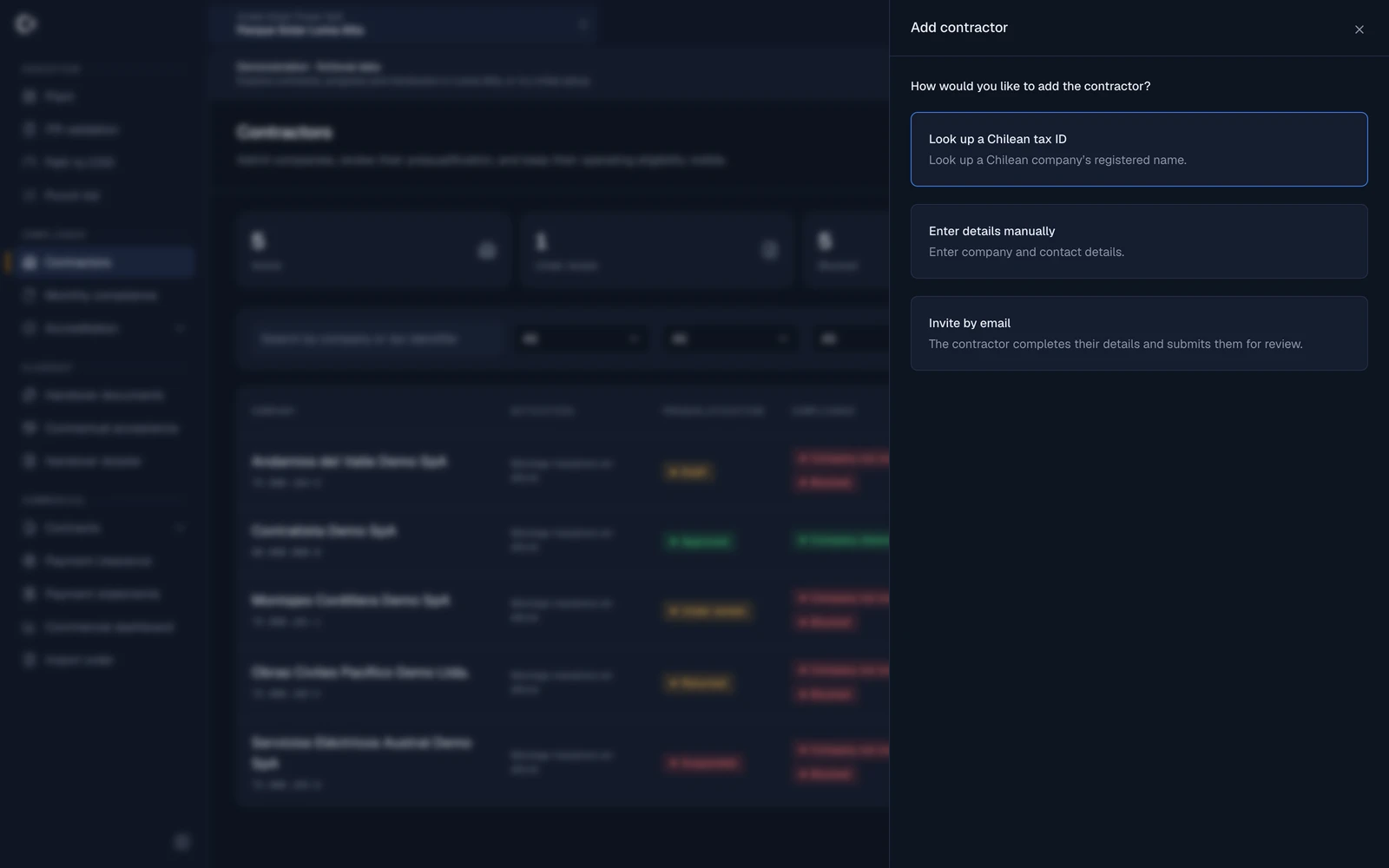 Codenergy's “Add contractor” panel with the option to look up a Chilean tax ID at the SII to retrieve the company's registered name