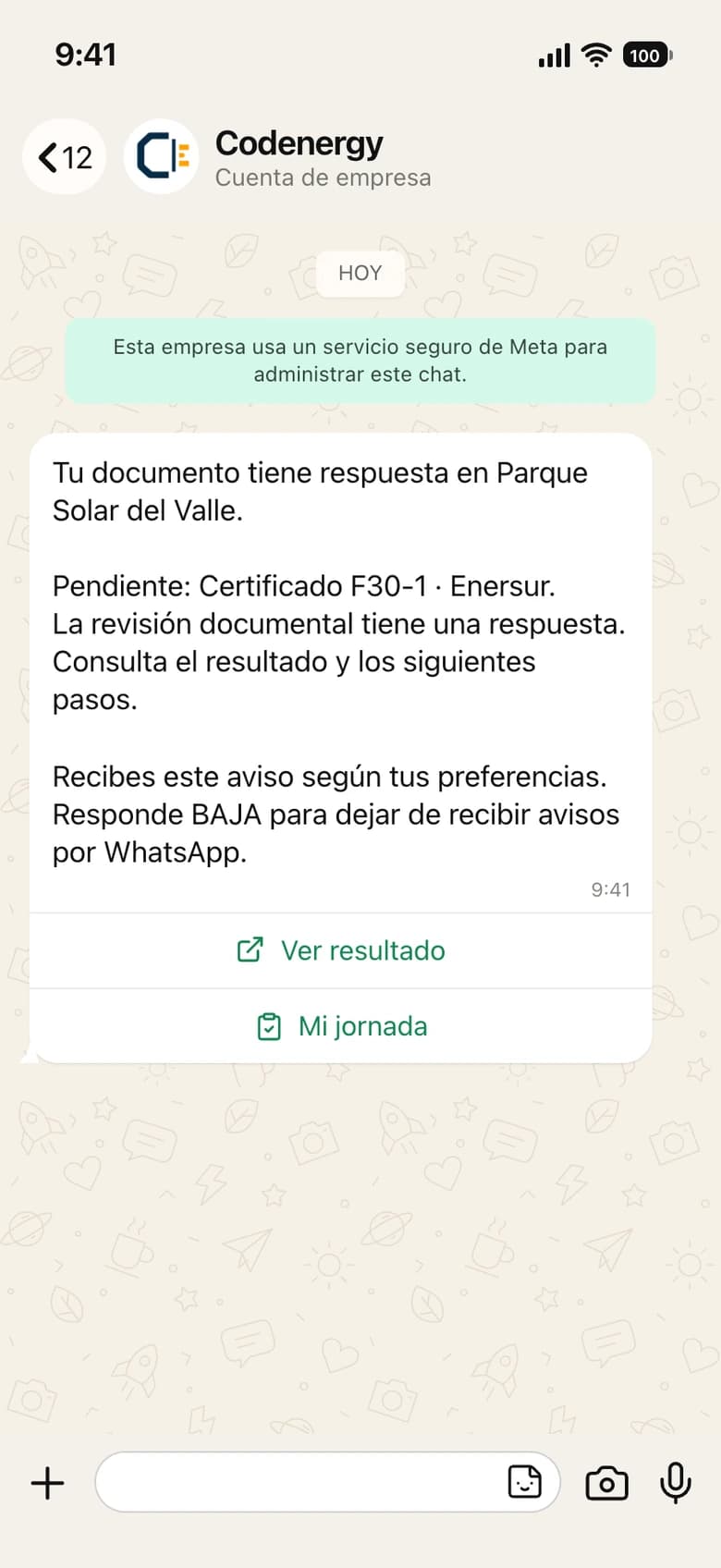 Preview of a Codenergy WhatsApp notice: an uploaded document already has a review response