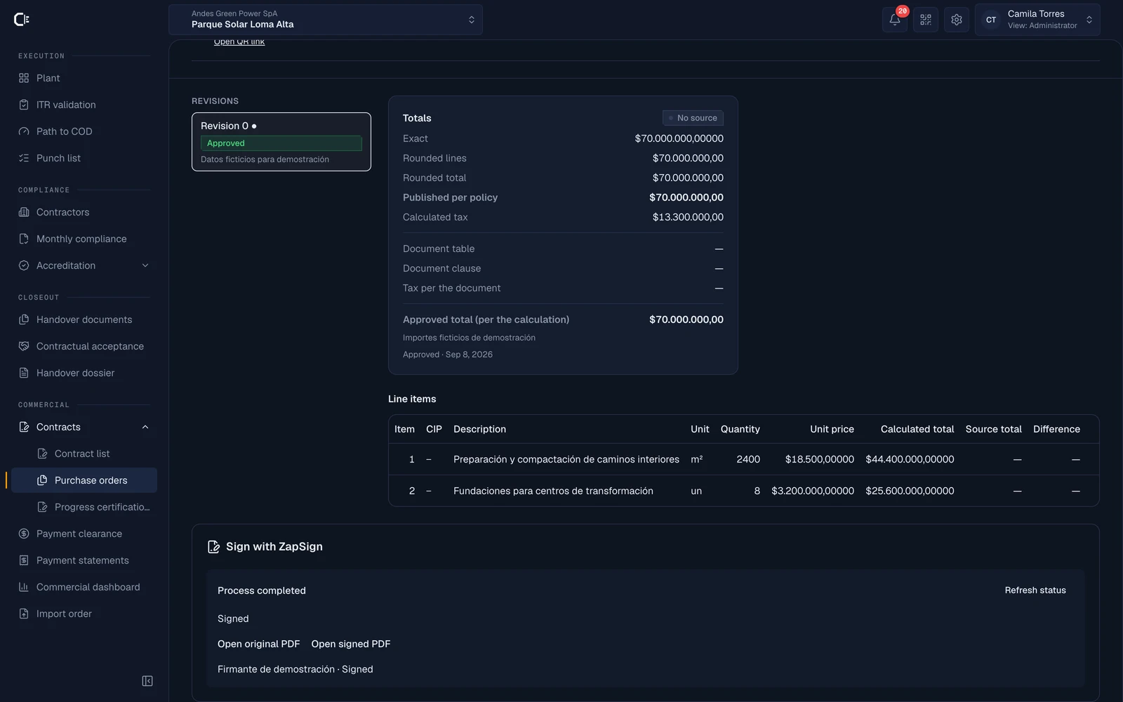 ZapSign page in Codenergy: the organization's sandbox connection, sample documents to sign and the “Connected” status