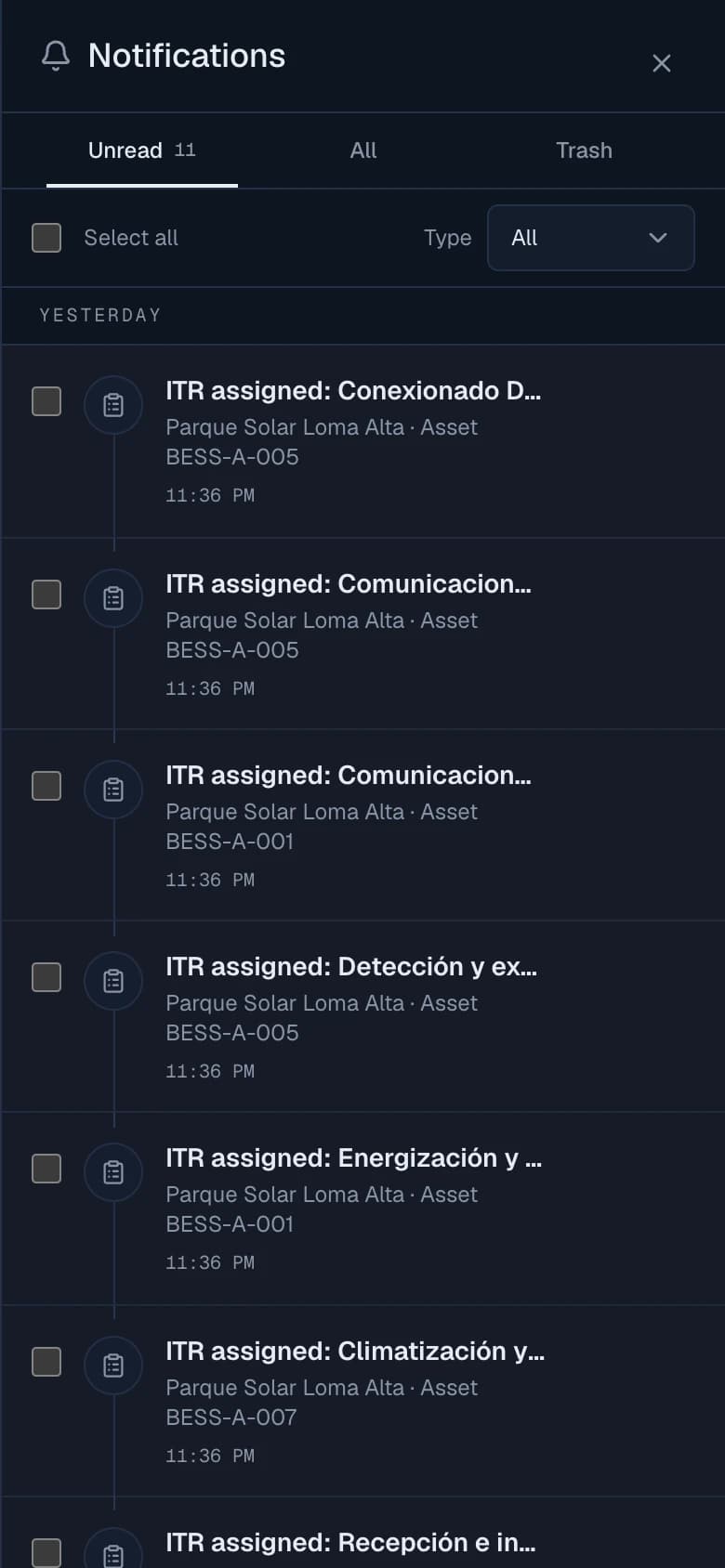 Mobile notification inbox with unread updates, filters and read status actions.