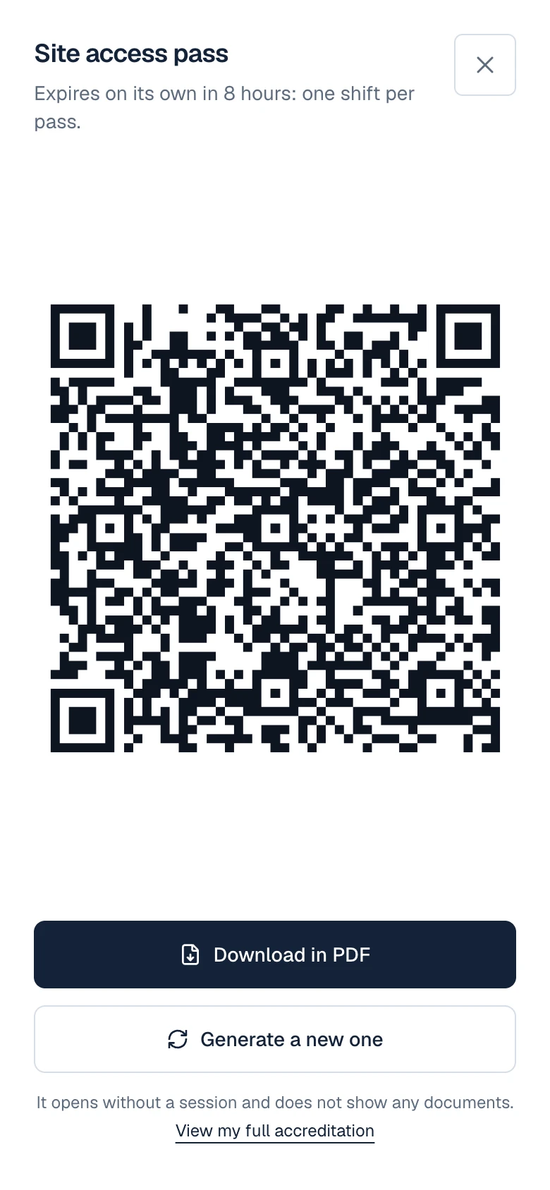 Mobile site access pass with a full-screen QR code, expiry details and PDF download.