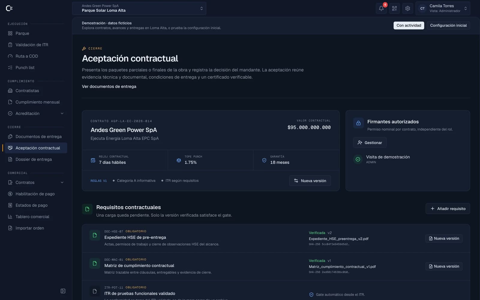 Aceptación contractual en la demo: contrato, requisitos y paquetes con sus evidencias