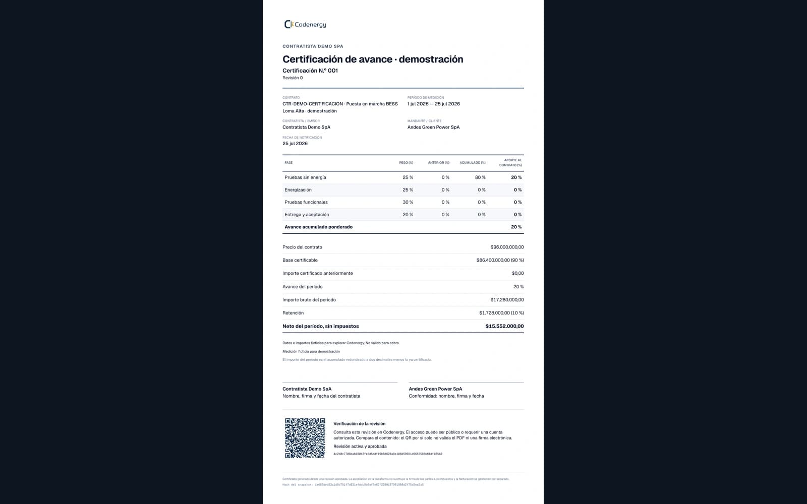 Certificado de avance ficticio en formato A4 con fases, importes, retención y código QR