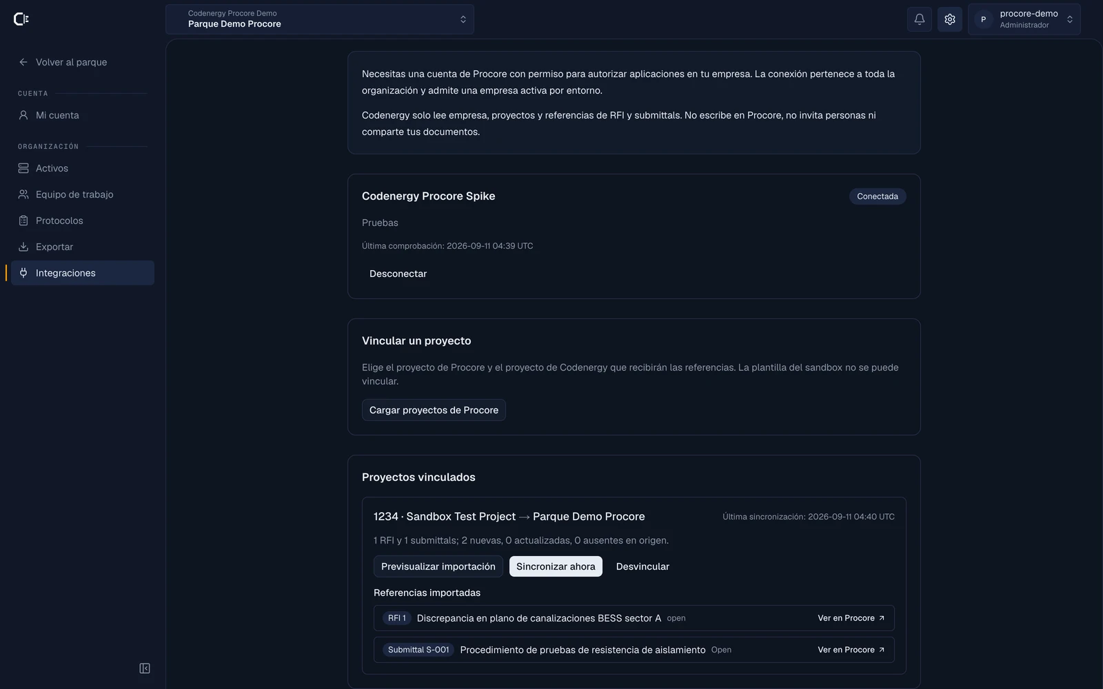 Ficha de Procore en Codenergy: conexión «Codenergy Procore Spike» en estado Conectada y el proyecto «1234 · Sandbox Test Project» vinculado, con un RFI y un submittal importados y sus enlaces «Ver en Procore»