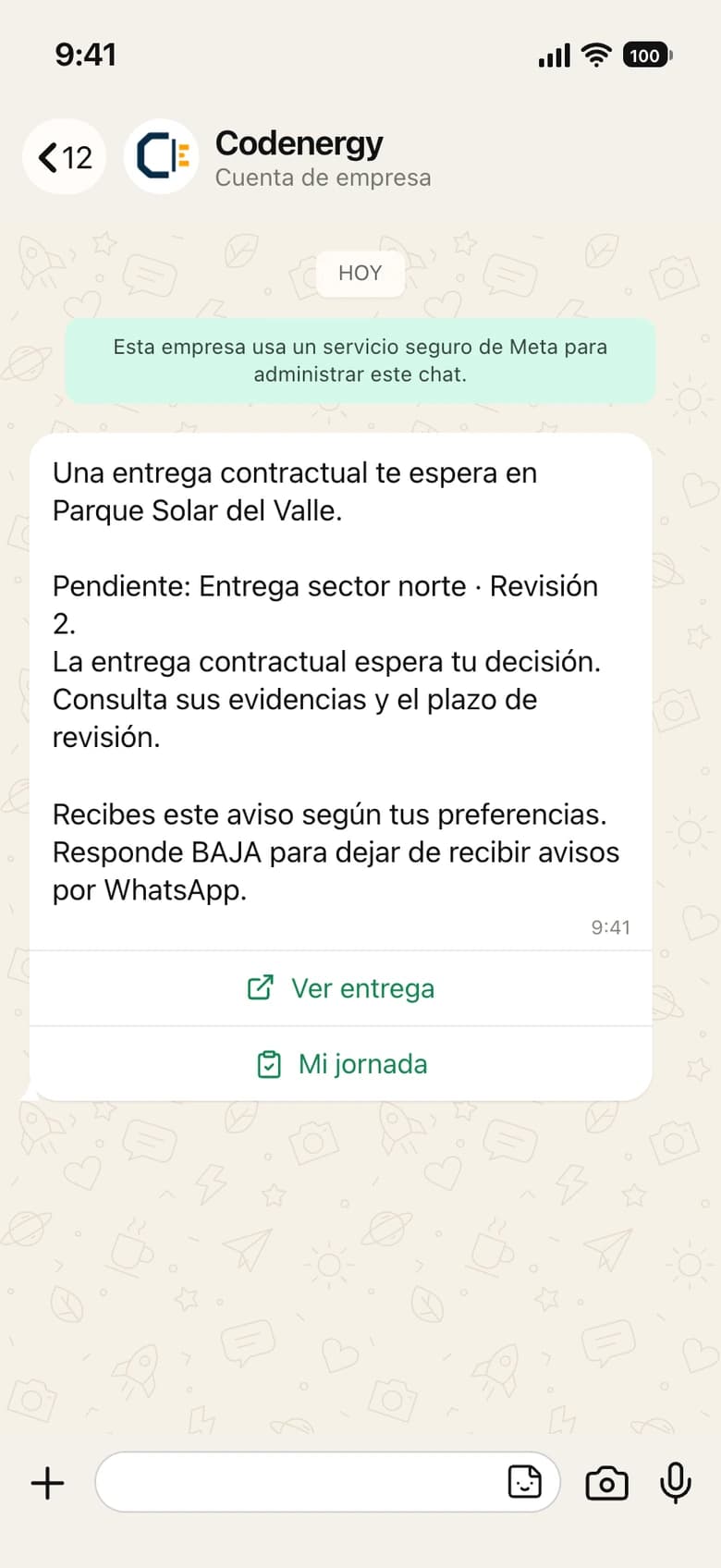 Vista previa de un aviso de WhatsApp de Codenergy: una entrega contractual pendiente de aceptación