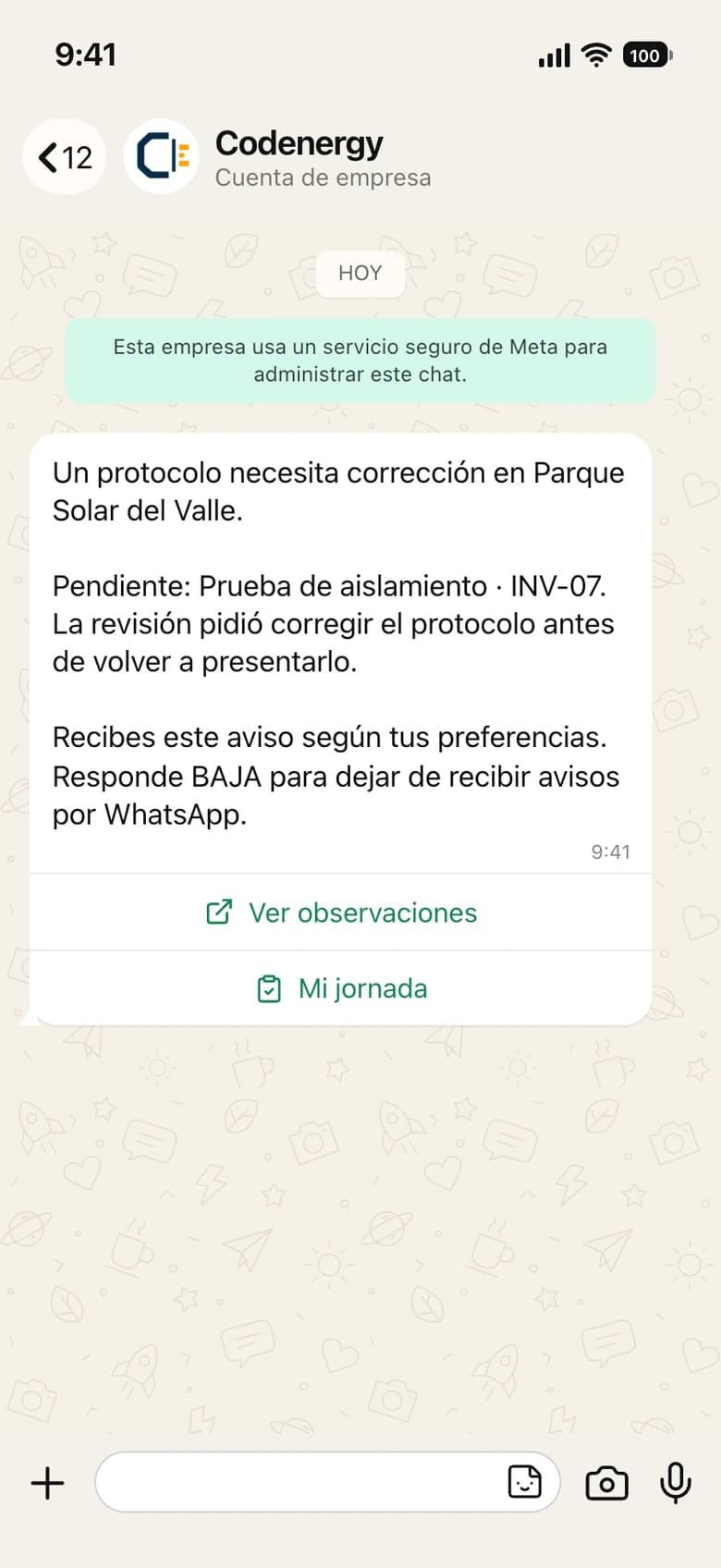 Vista previa de un aviso de WhatsApp de Codenergy: un protocolo devuelto con observaciones que necesita corrección
