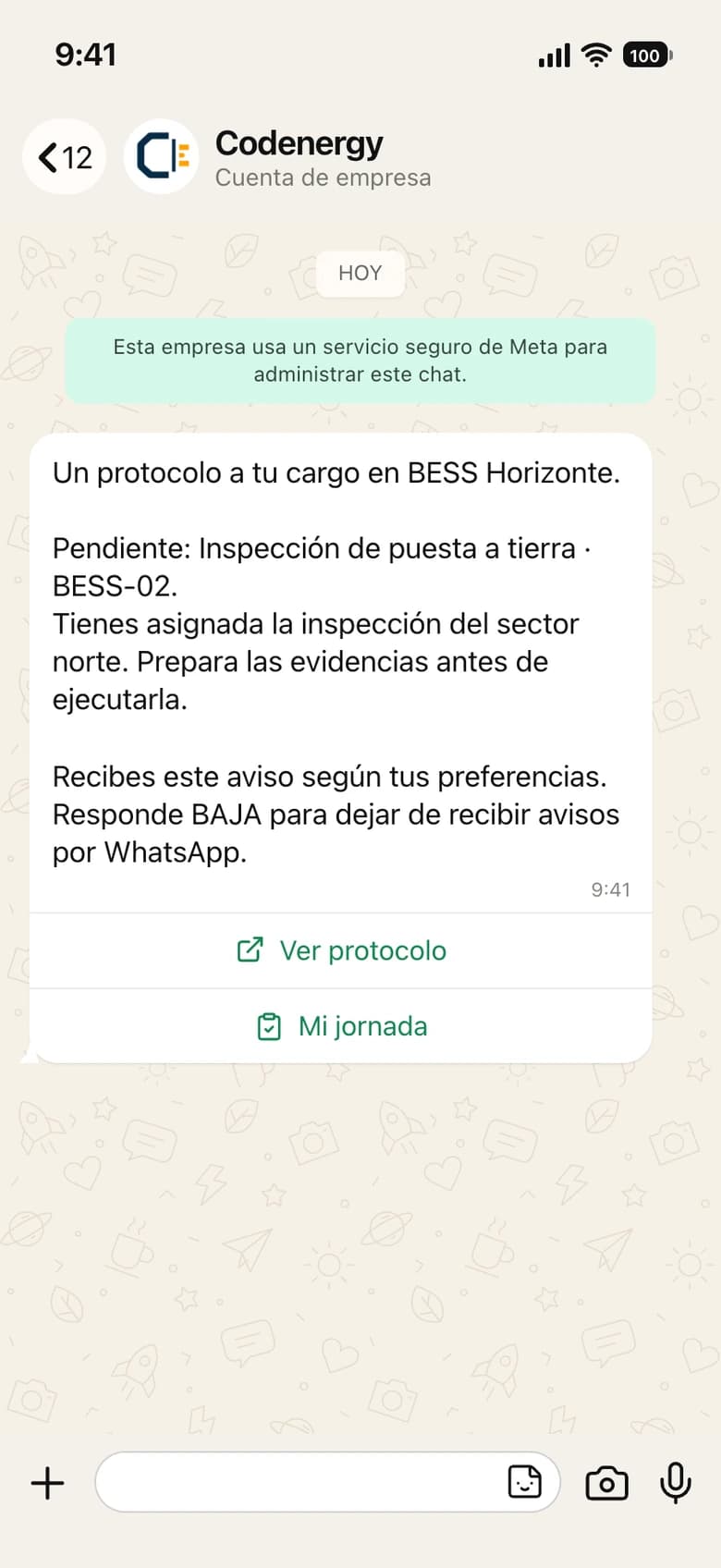 Vista previa de un aviso de WhatsApp de Codenergy: «Un protocolo a tu cargo», con el pendiente y un botón para ver el protocolo