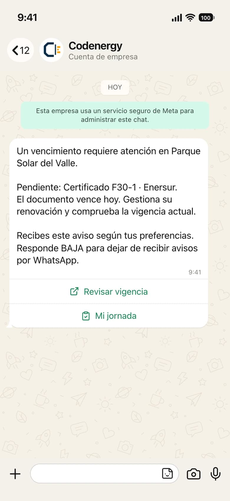 Vista previa de un aviso de WhatsApp de Codenergy: un documento vence hoy y requiere atención