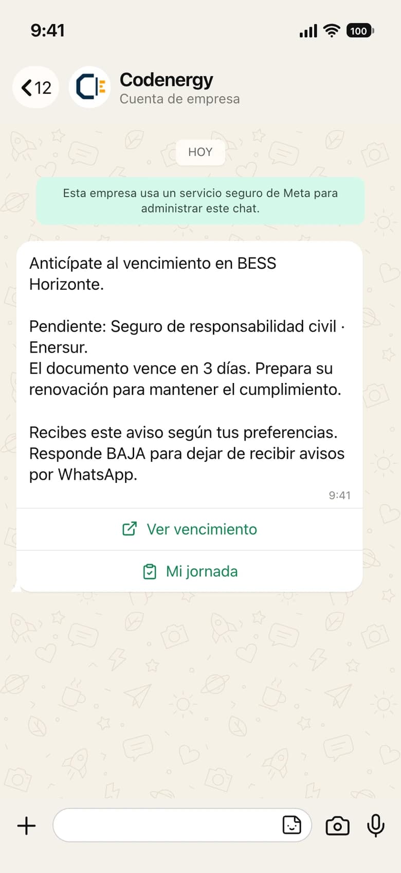Vista previa de un aviso de WhatsApp de Codenergy: un documento está próximo a vencer y conviene renovarlo