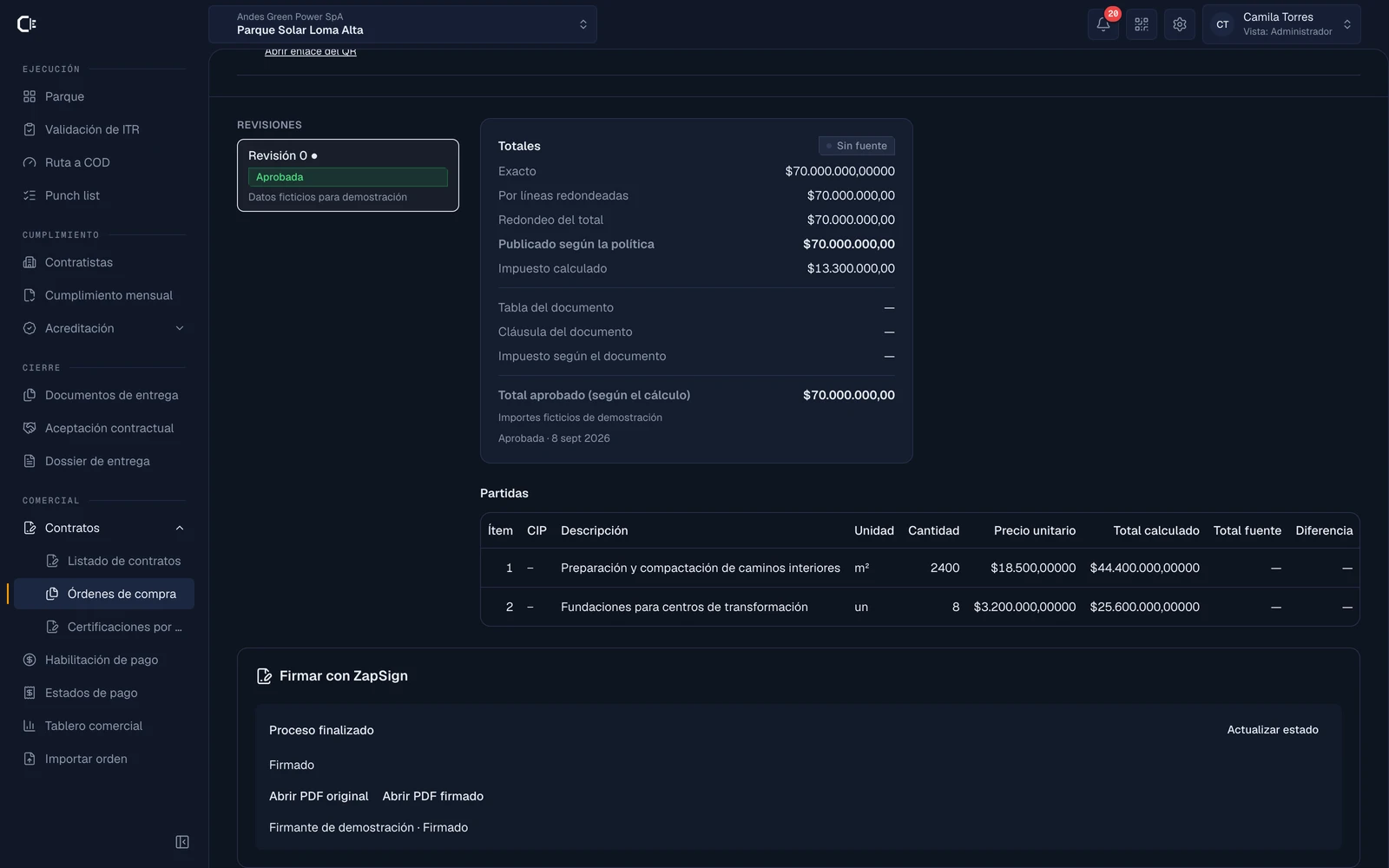 Ficha de ZapSign en Codenergy: conexión de la organización en sandbox, documentos de ejemplo para firmar y estado «Conectada»