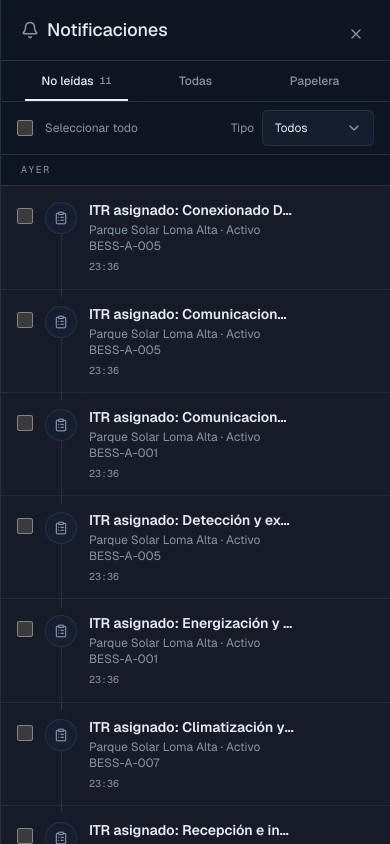 Bandeja de notificaciones en el móvil con avisos pendientes, filtros y acciones de lectura.