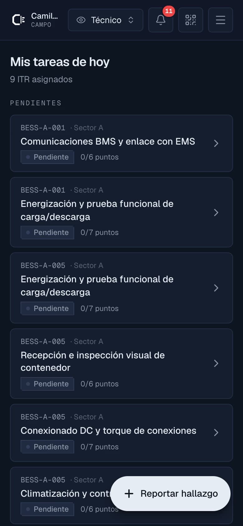 Vista móvil del técnico: sus ITR asignados del día con su avance punto por punto