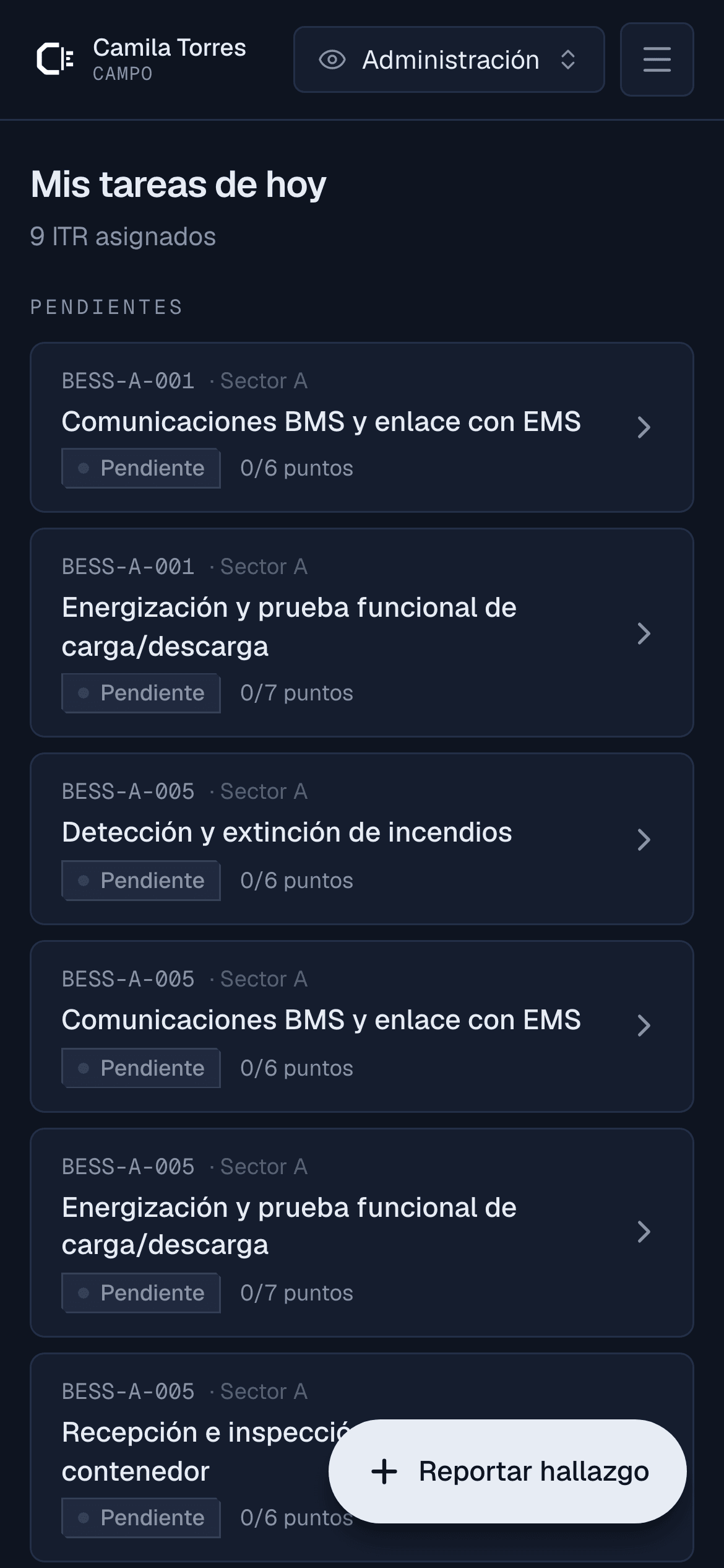 Vista móvil del técnico: sus ITR asignados del día con su avance punto por punto