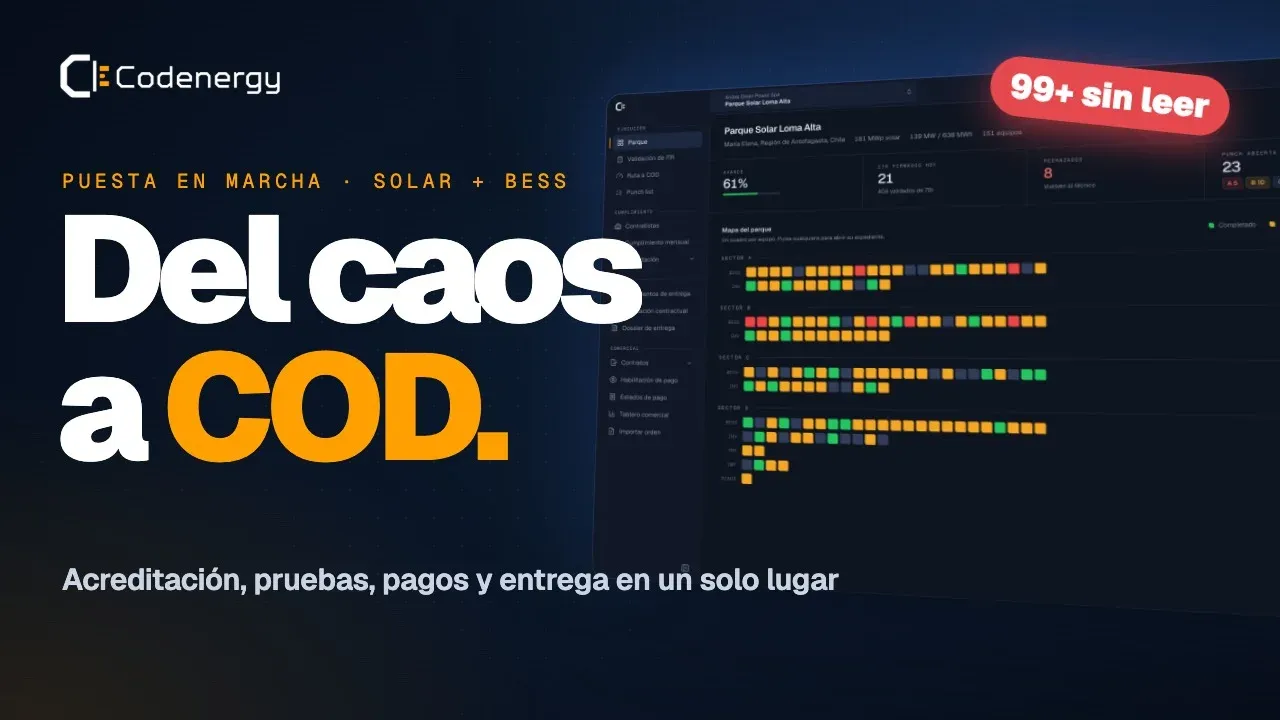 Miniatura del video de Codenergy con el lema «Del caos a COD» y el mapa de un parque solar de demostración.