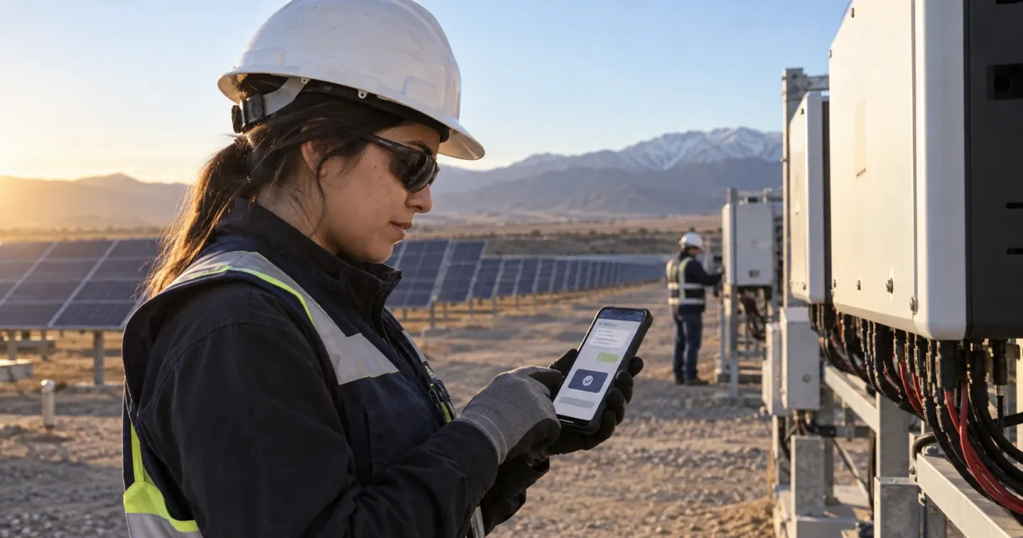 Técnica de planta solar consulta en su teléfono una tarea de obra recibida mediante WhatsApp.