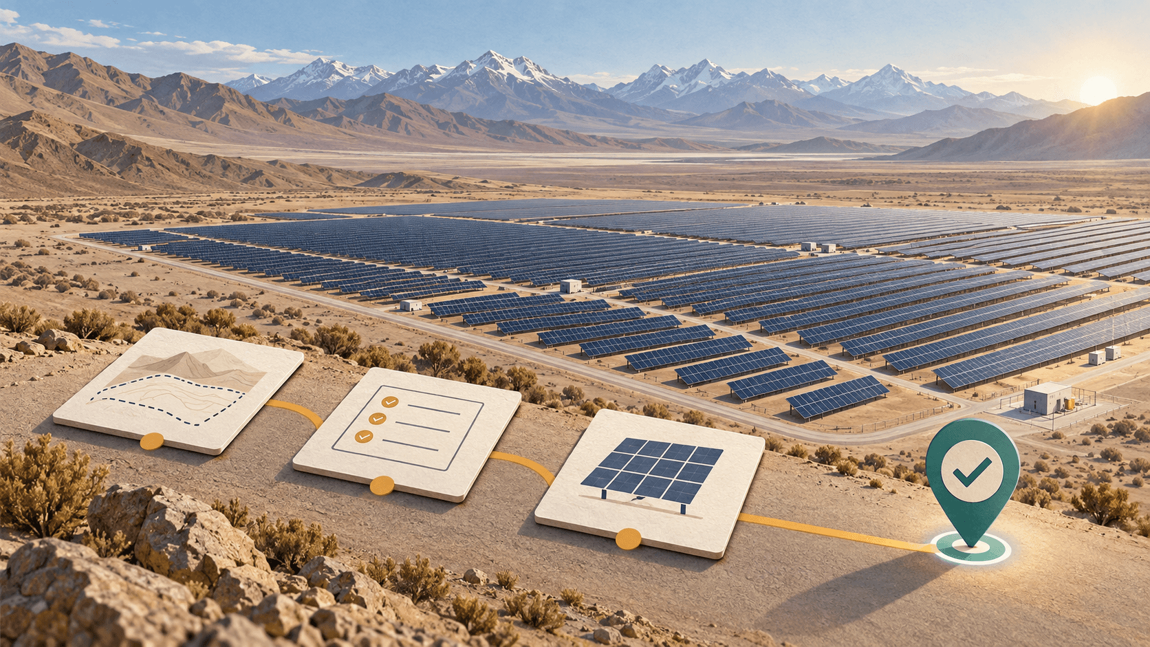 Ilustración de una planta solar y una secuencia de revisión documental en un paisaje chileno.
