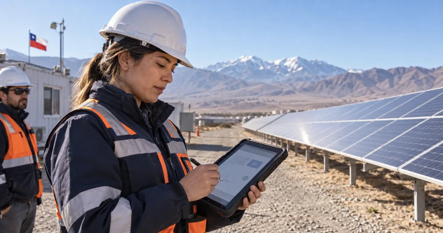 Profesional firma electrónicamente un certificado de obra desde una tablet con una instalación solar al fondo.