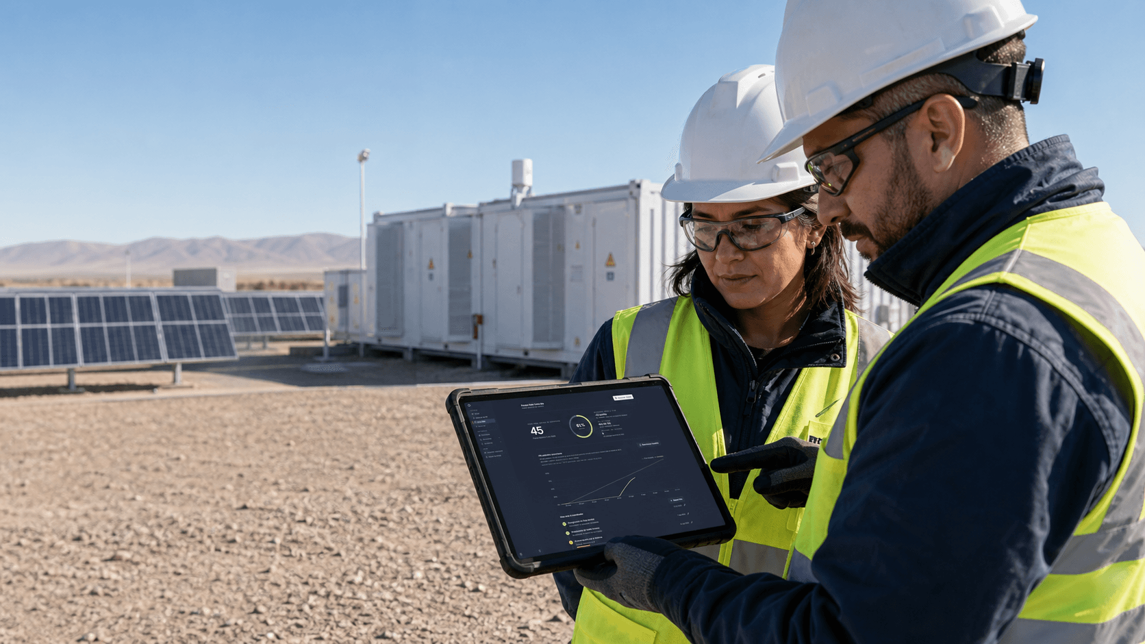 Profesionales de commissioning revisan Codenergy en una tablet junto a una planta solar y un sistema BESS