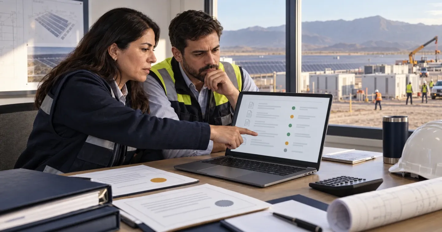 Administradora de contrato revisa garantías y anticipos de un proyecto EPC de energía desde una mesa de obra.