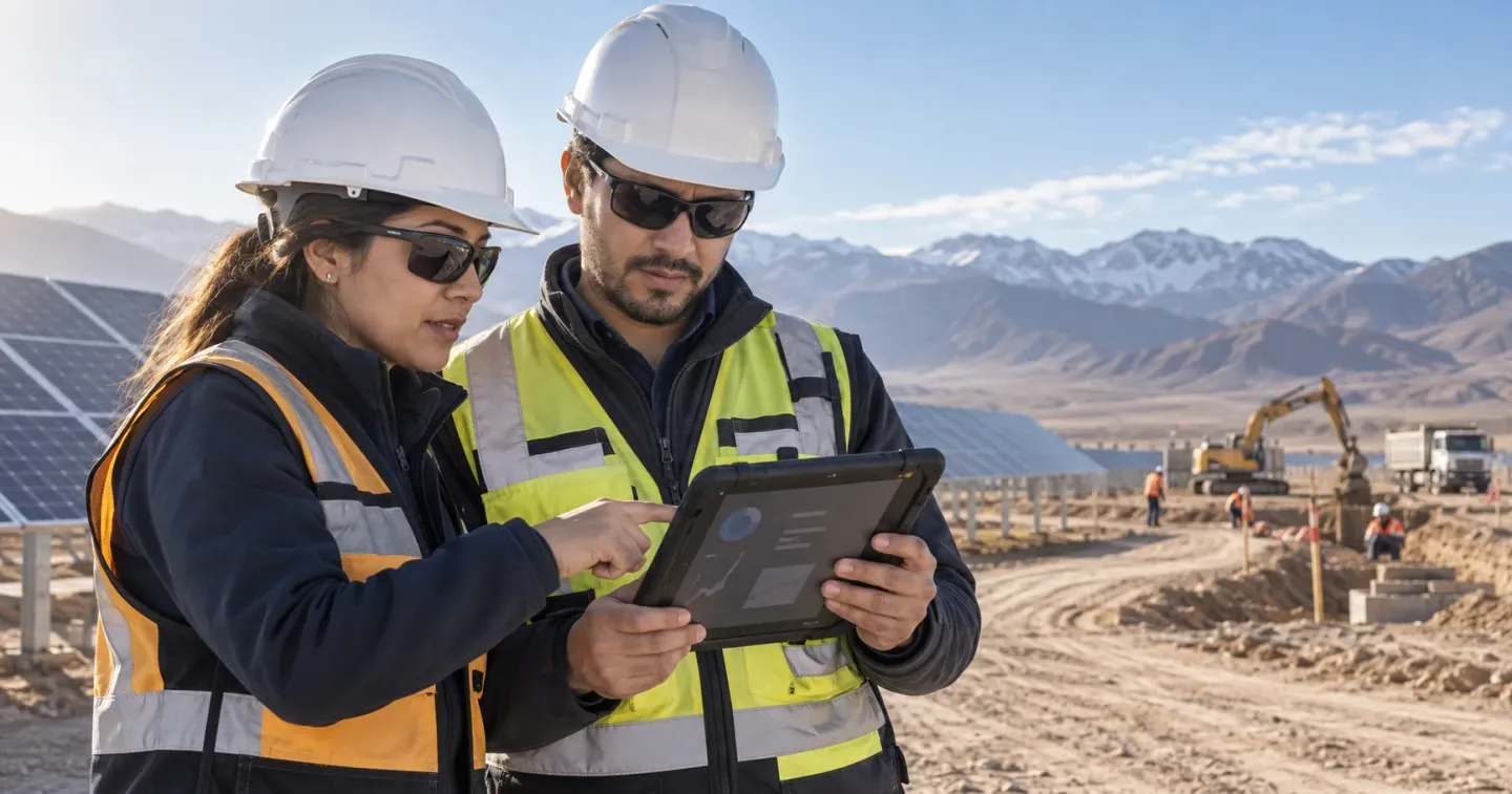 Profesionales de construcción revisan en terreno un estado de pago digital en una tablet frente a una planta solar.