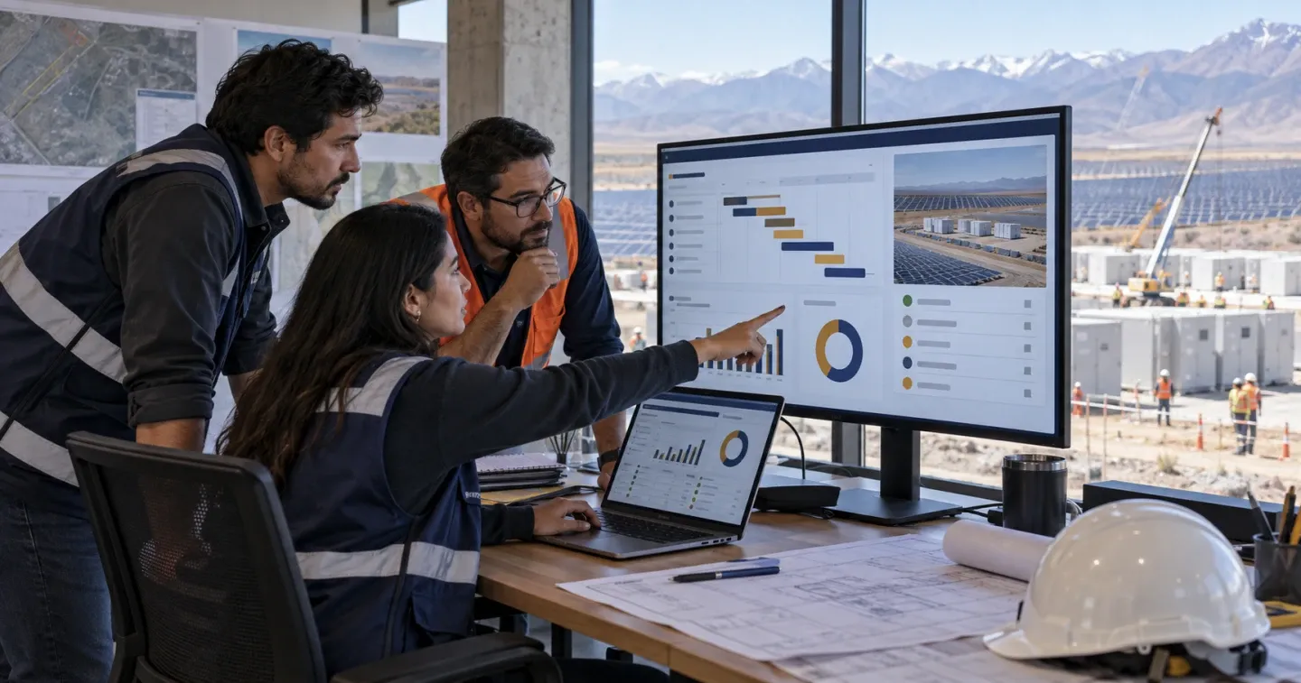 Equipo de control de proyecto revisa órdenes SAP y avance de una obra EPC de energía en una sala de coordinación.