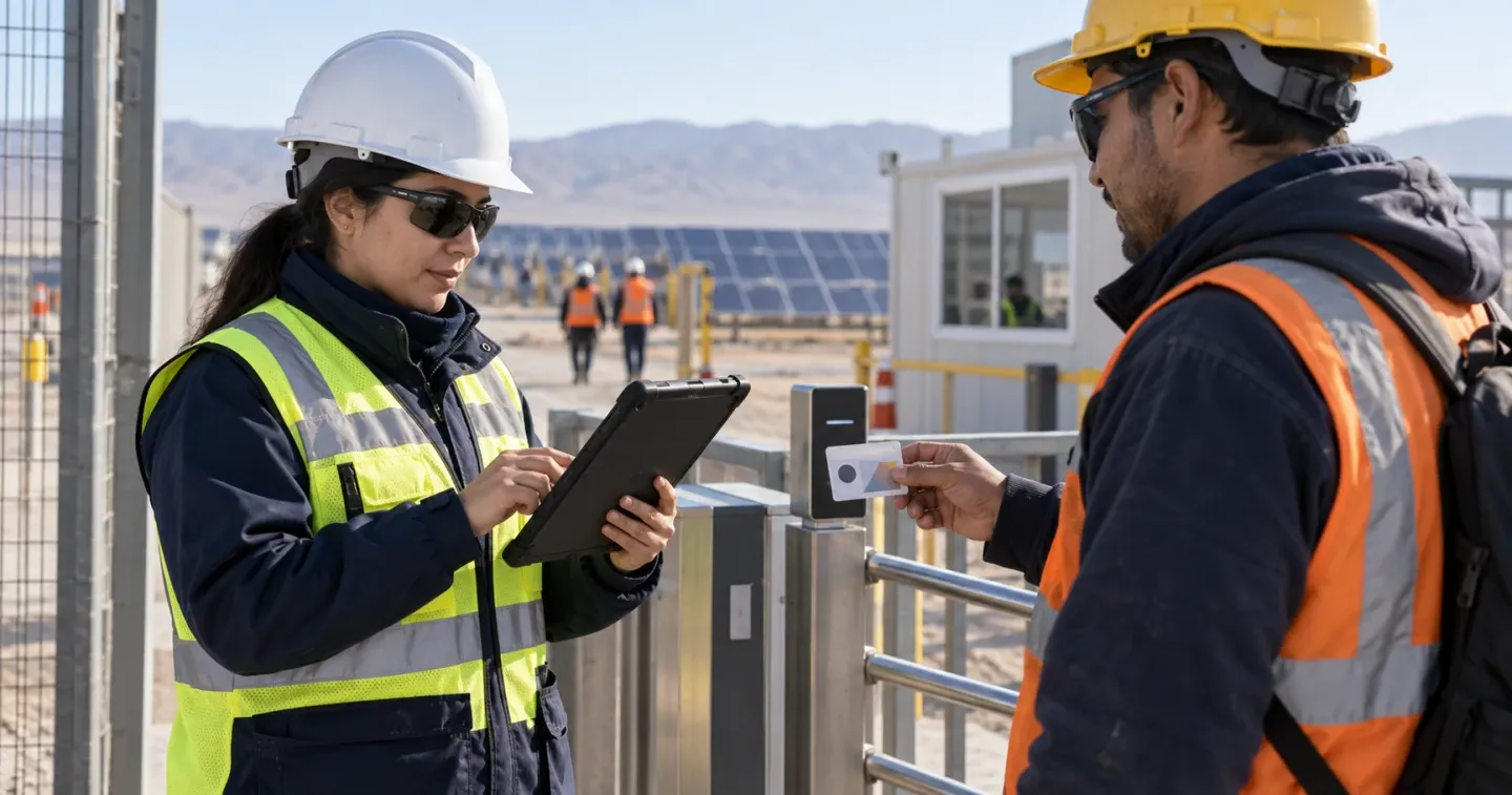 Encargado de acreditación incorpora una empresa contratista desde una tablet en el acceso a una obra solar.