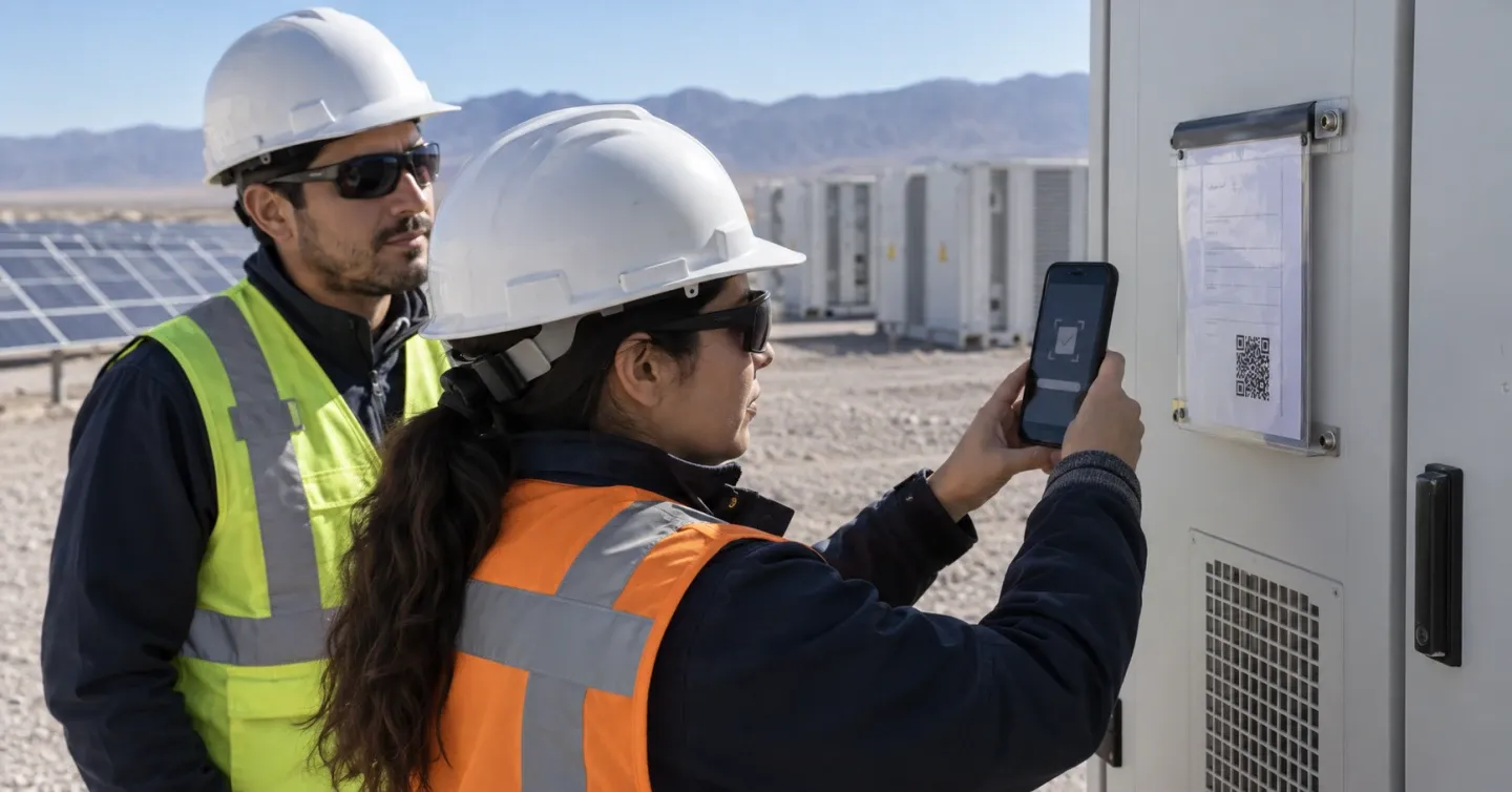 Supervisor escanea con un teléfono el código QR de un certificado de obra en una instalación fotovoltaica.