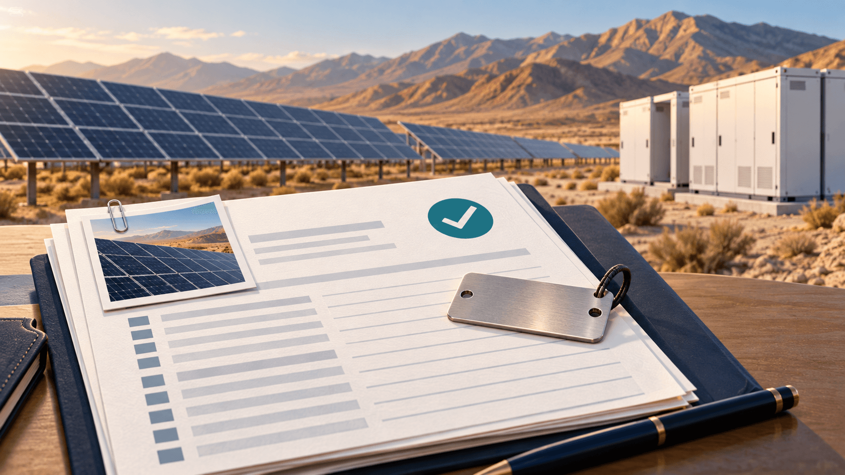Ilustración de registros de inspección con evidencias vinculadas a una planta solar y BESS.