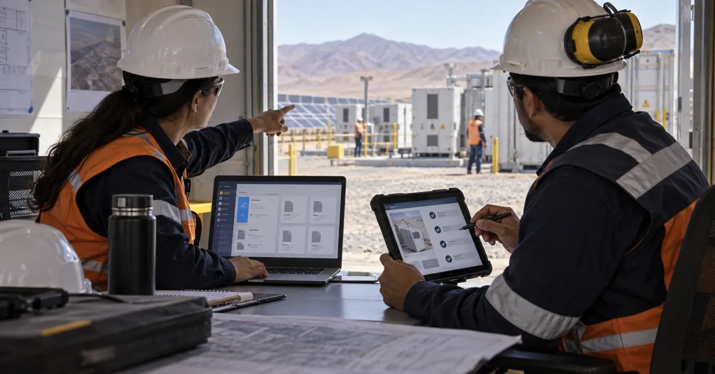 Coordinador de commissioning revisa información de Procore y pruebas de una planta solar en dos pantallas de obra.